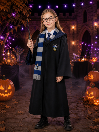 Wizard Robe Costume Set with Tie, Scarf, Glasses & Magic Wand - Unisex Halloween Costume Accessories detail 2