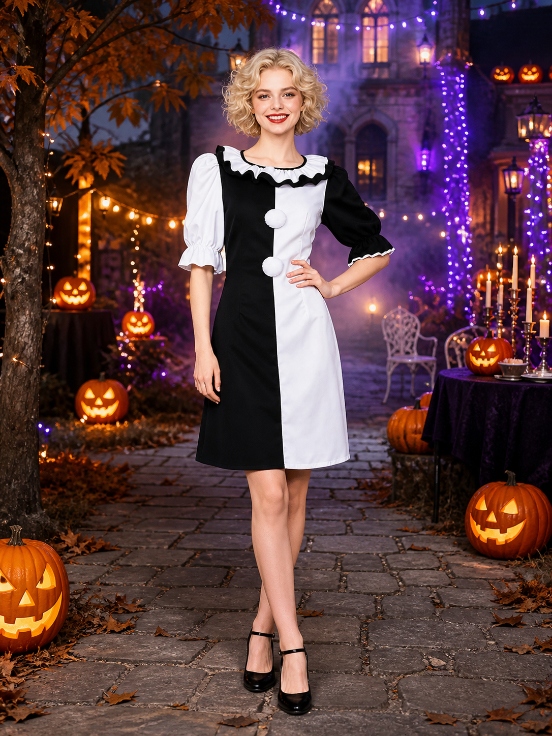 Clown Circus Costume Dress, Puff Sleeve Ruffled Collar, Black and White on-model Halloween scene view