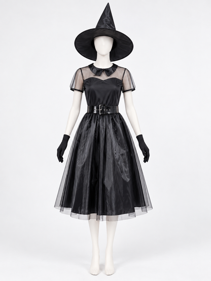Black Witch Costume with Dress, Hat, Belt and Gloves