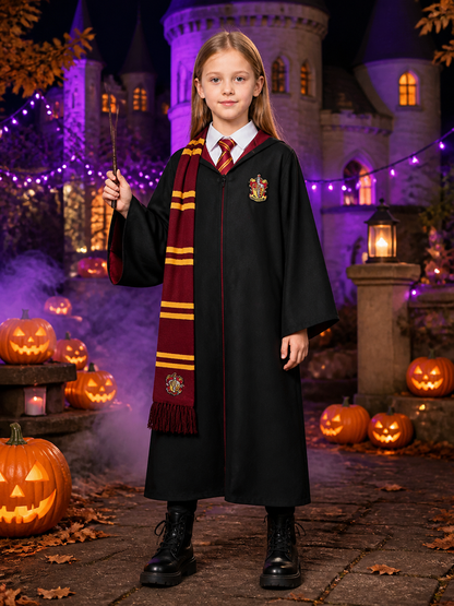 Wizard Robe Costume Set with Shirt, Wand, Tie and Scarf, Black Academy Style Costume Accessories detail 2