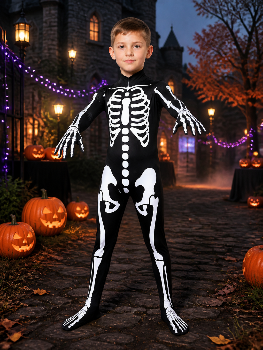 Hooded Skeleton Bodysuit Costume - Black and White Skeleton Print Halloween on-model Halloween scene view