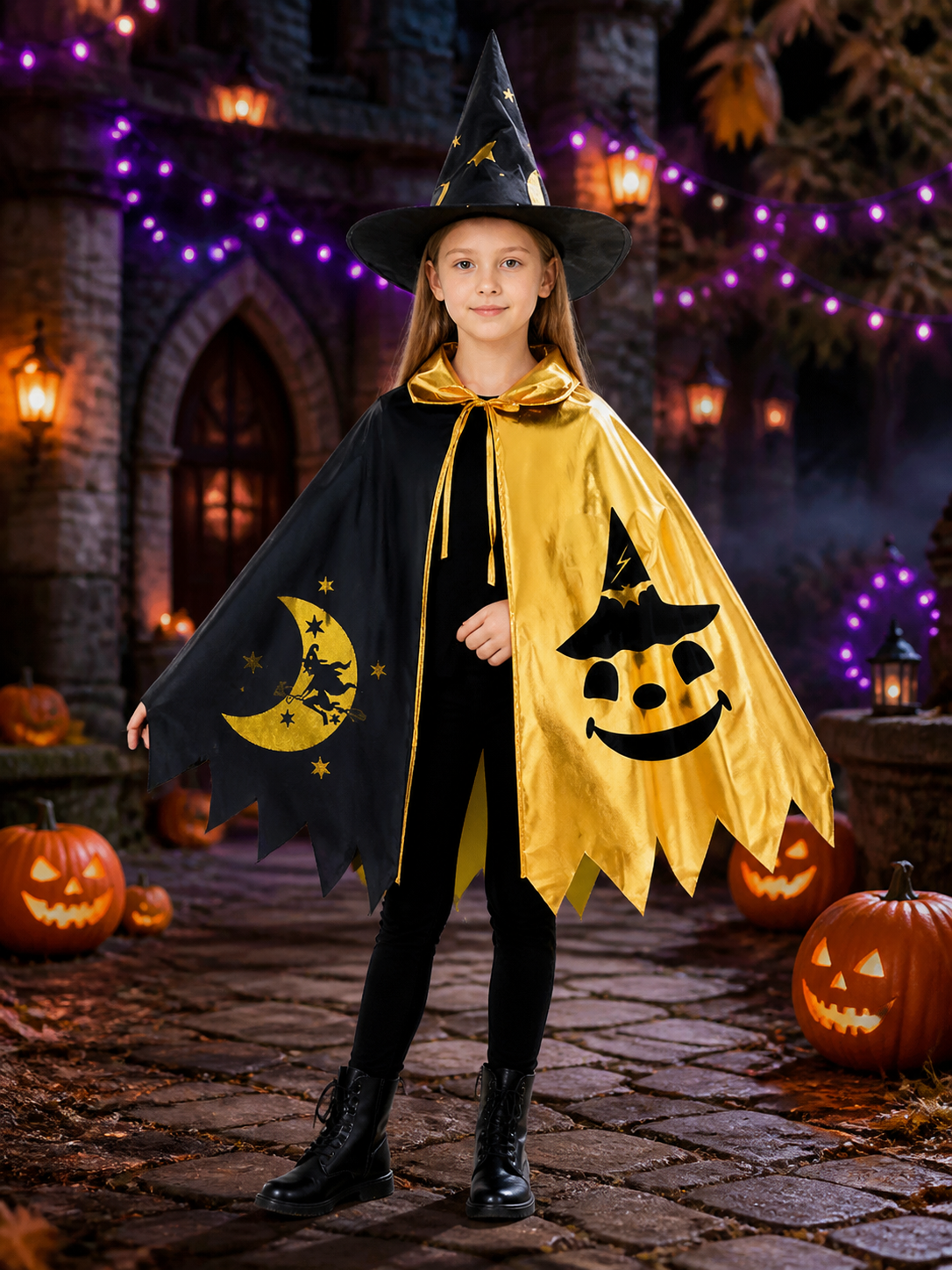 Kids Black and Gold Witch Costume Set with Cape and Pointed Hat, Moon, Bat and Costume Capes detail 2