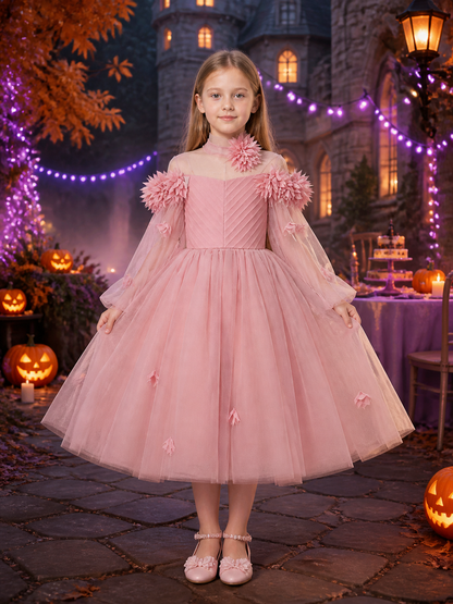 Baby Girls' Pink Princess Dress, Long-Sleeve Tulle Gown With 3D Floral Costume Dresses detail 2
