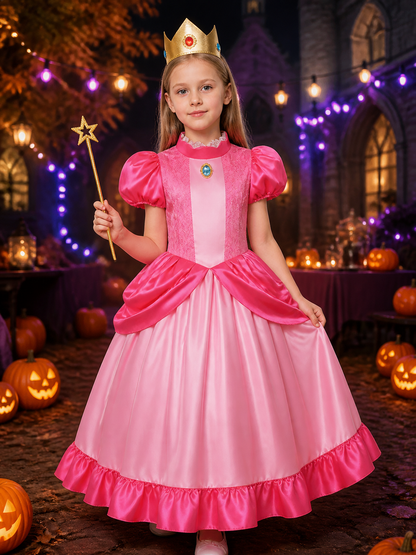 Girls Pink Princess Ball Gown with Crown and Wand, Ruffle Lace Halloween Costume Costume Dresses detail 2