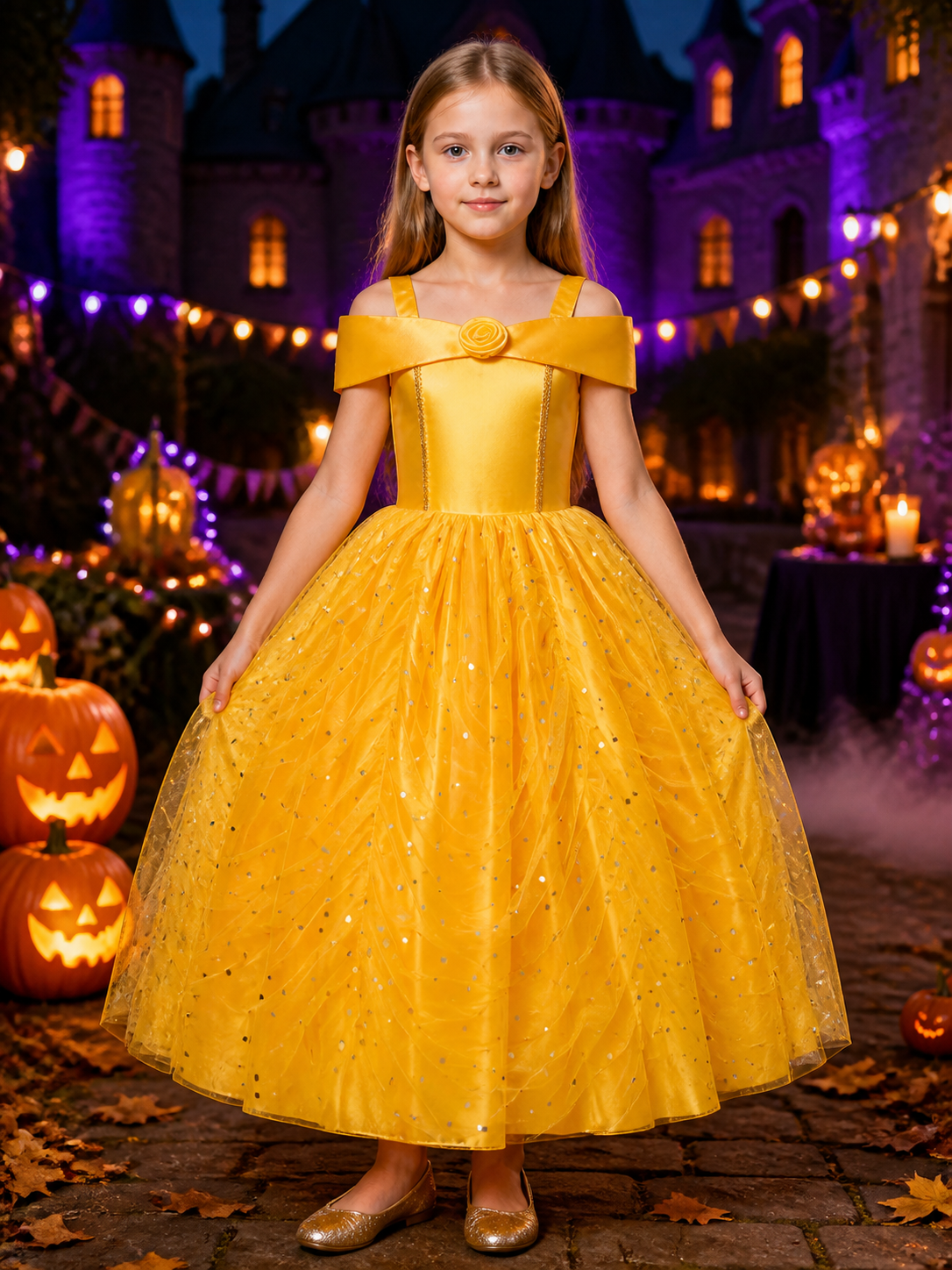 Girls Gold Yellow Sequined Tutu Princess Dress with Bow and Rose, Halter Neck