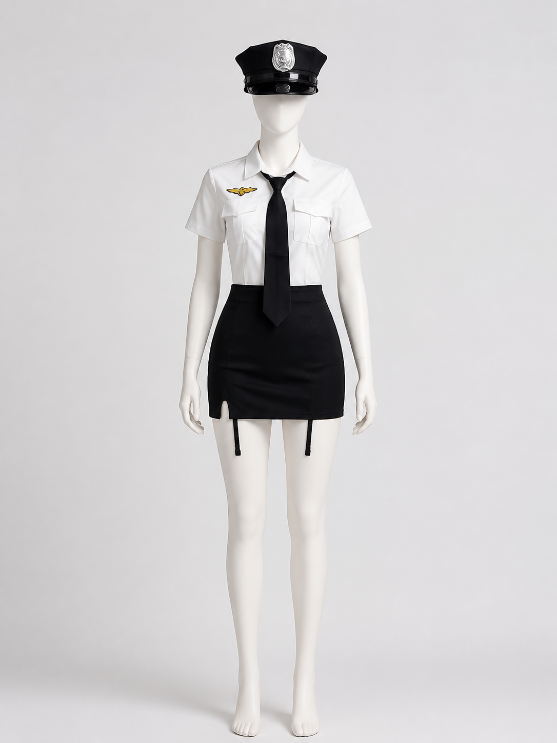 Women's Sexy Police Costume Set - White & Black Uniform with Hat and Gloves Costume Headwear detail 2