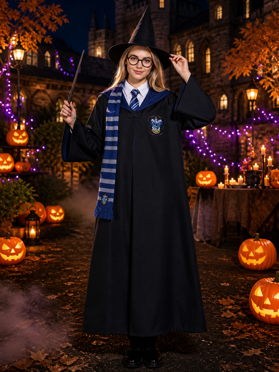 Wizard Academy Robe Costume Set With Hat, Scarf, Tie, Glasses And Wand Costume Headwear detail 2