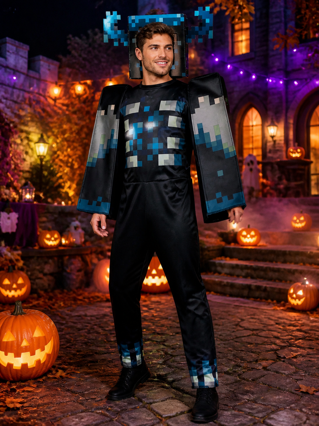 Kids Minecraft Movie Warden Bodysuit, Pixel Art Halloween Costume