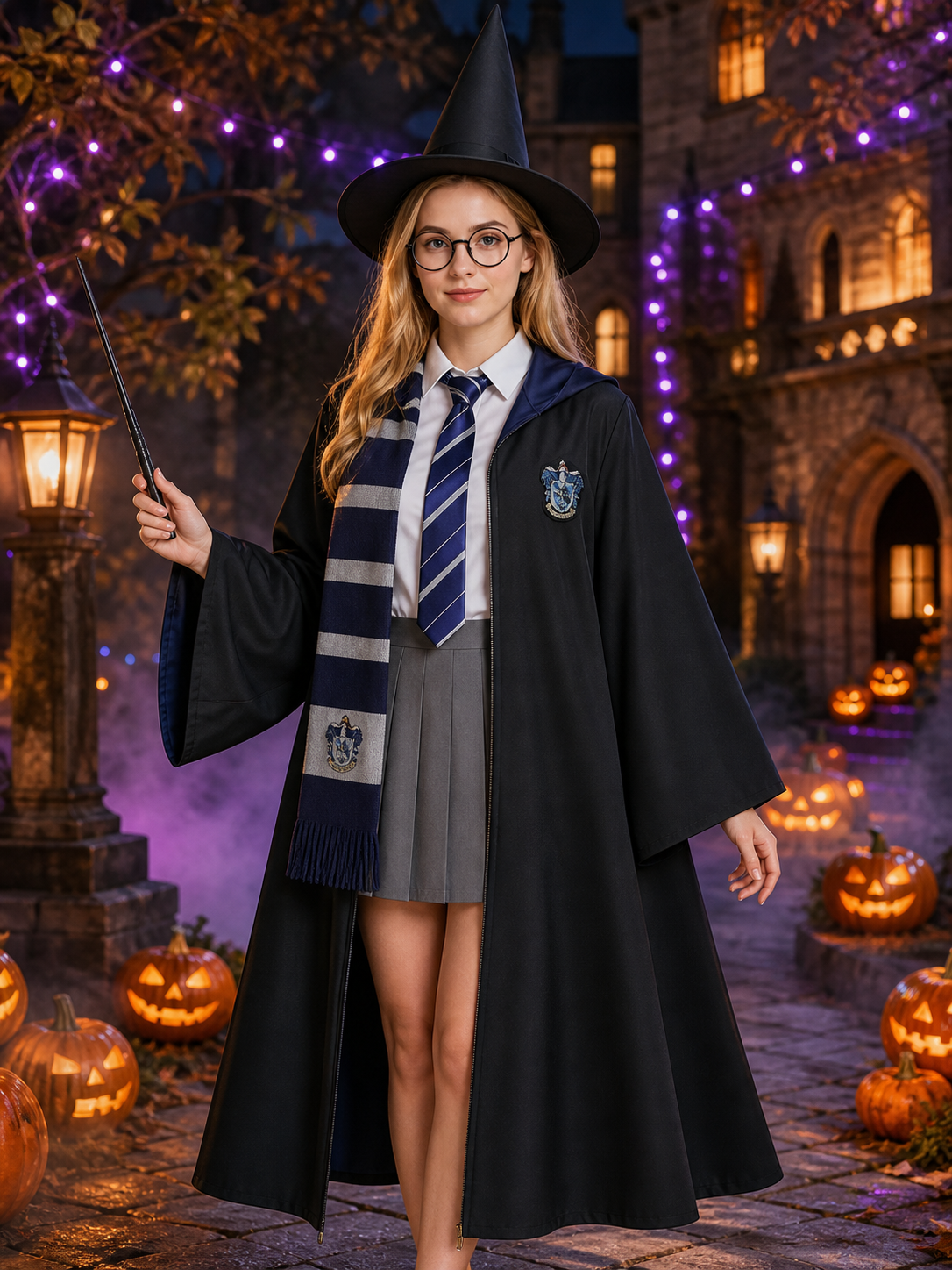 Women's Wizard Robe Costume Set, Academy-Style 8-Piece Cosplay Outfit With Hat Costume Headwear detail 2