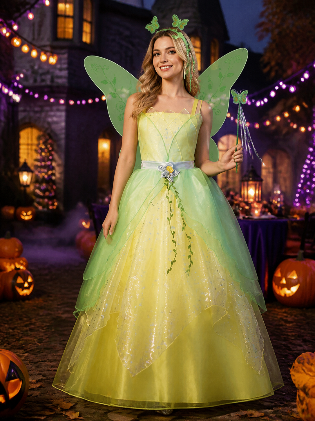 Girl's Fairy Princess Costume Set with Green Dress, Butterfly Wings, Hairband & Costume Dresses detail 2
