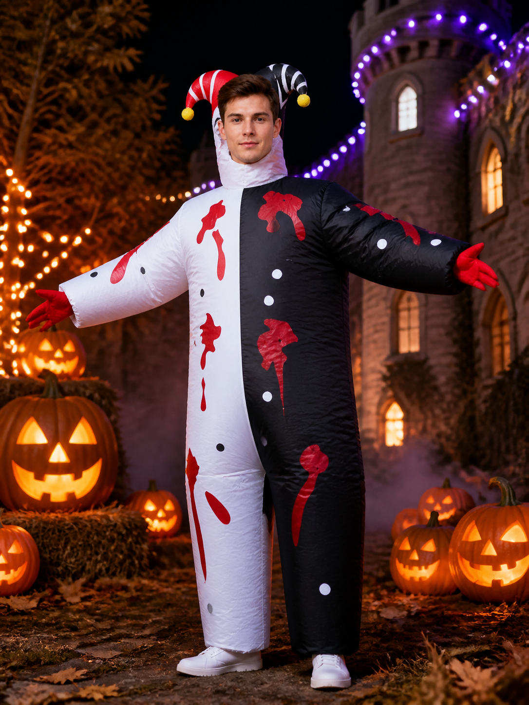 Black White Clown Jumpsuit Costume with Hat and Red Drip Design Costume Headwear detail 2