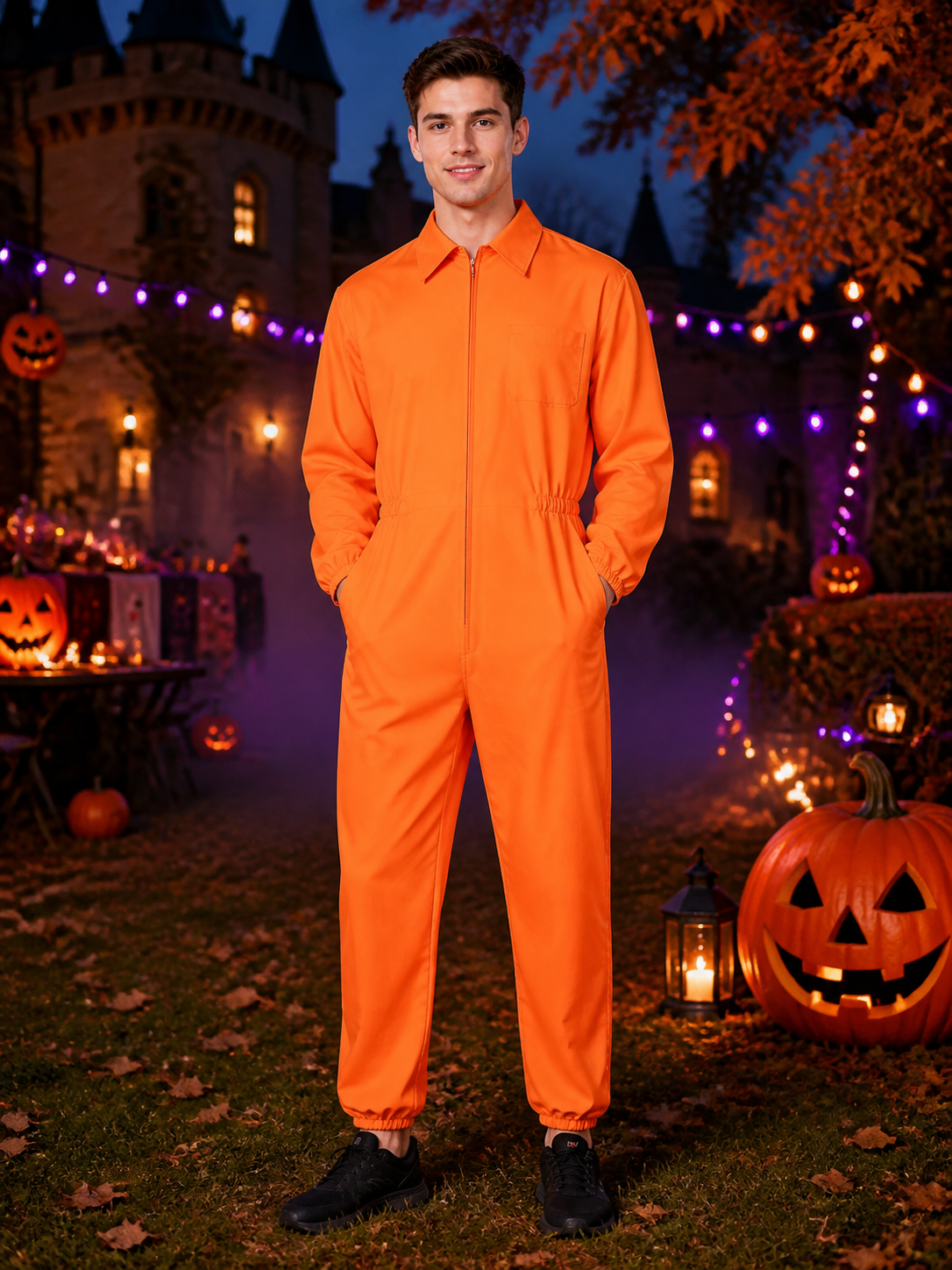 Prisoner Jumpsuit Costume for Adults, Orange DOC Print Long Sleeve Jail Outfit Costumes detail 2