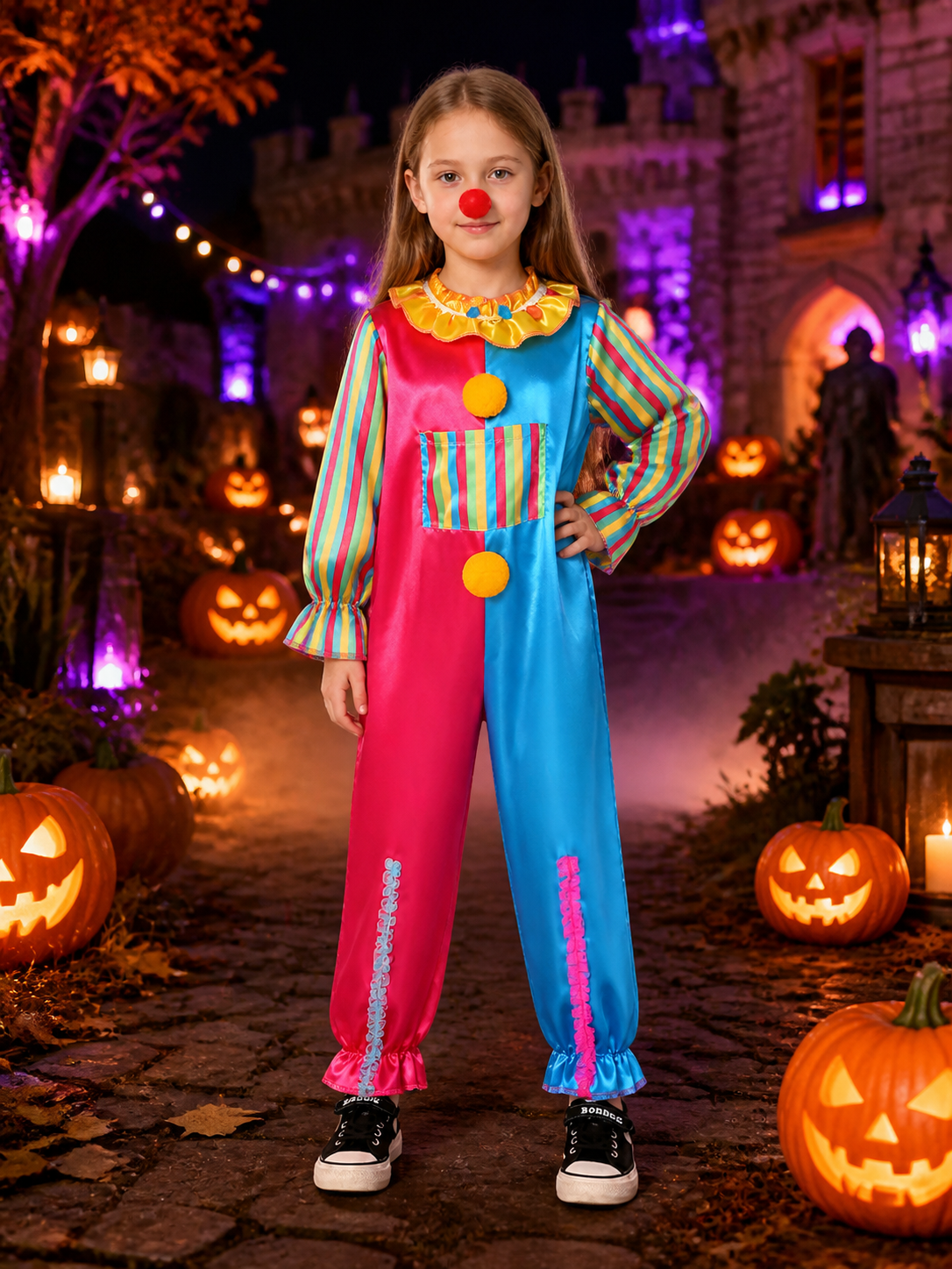 Kids Colorful Split-Color Clown Jumpsuit Costume with Ruffle Collar and Pom-Pom Costumes detail 2