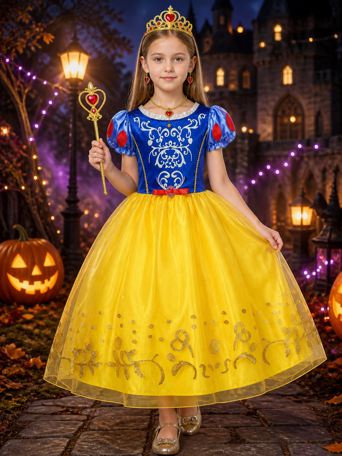 Girls Princess Halloween Costume Set, Blue and Yellow Tutu Dress with Crown Costume Dresses detail 2
