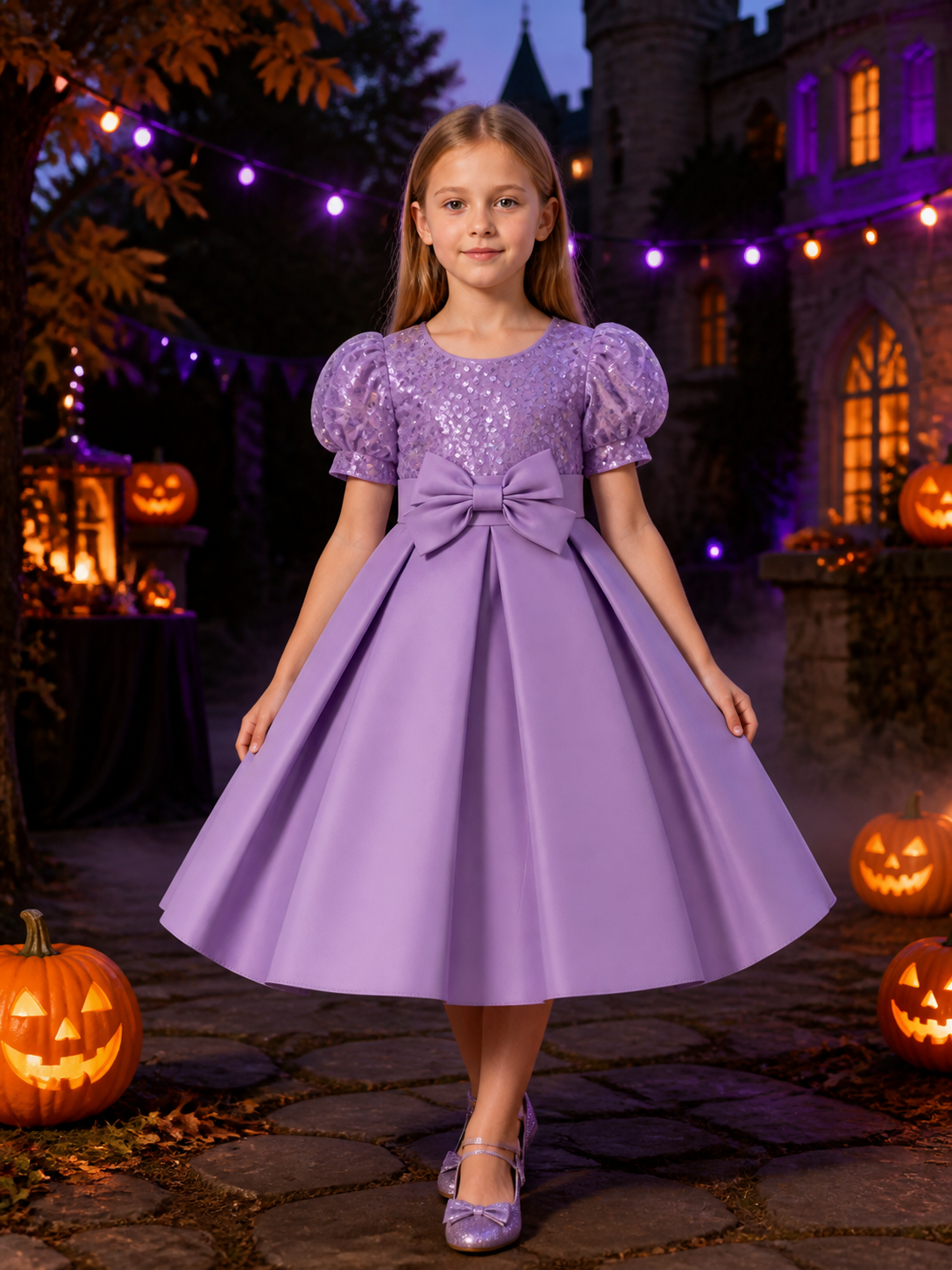 Toddler Girls' Light Purple Sequined Princess Dress with Puff Sleeves and Bow Costume Dresses detail 2
