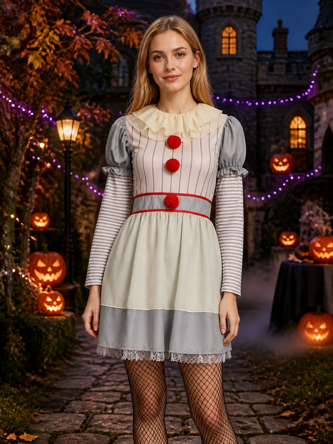 Clown Costume Dress, Striped Short Sleeve with Ruffle Collar and Red Pom Poms Costume Dresses detail 2