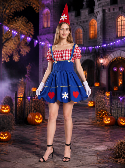Women's Red & White Checkered Clown Dress with Blue Puffy Skirt, Hat & Gloves Costume Dresses detail 2