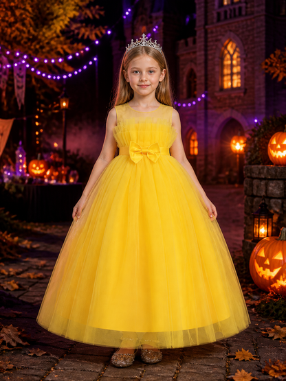 Girls' Yellow Long Princess Dress with Layered Tulle and Double Bows Costume Dresses detail 2