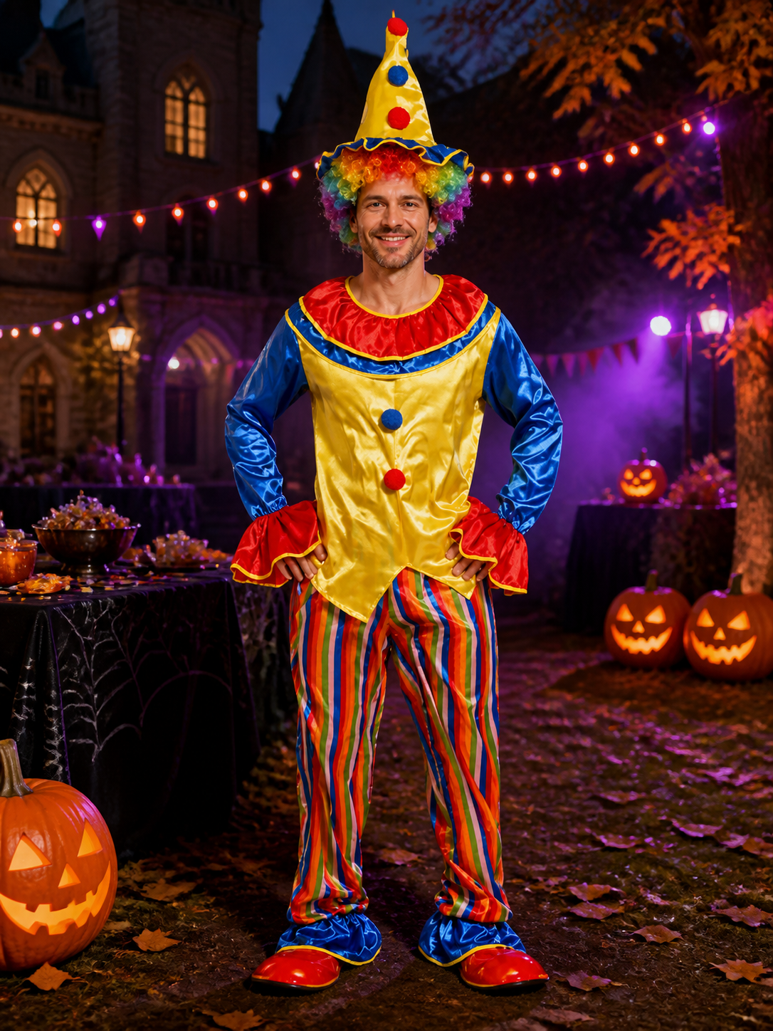 Unisex Adult Clown Costume Set, Striped Jumpsuit with Polka Dot Top and Jester Costumes detail 2
