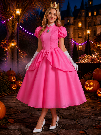 Girls Princess Peach Costume Dress Set - Pink Puffy Ball Gown with Crown and Costume Dresses detail 2