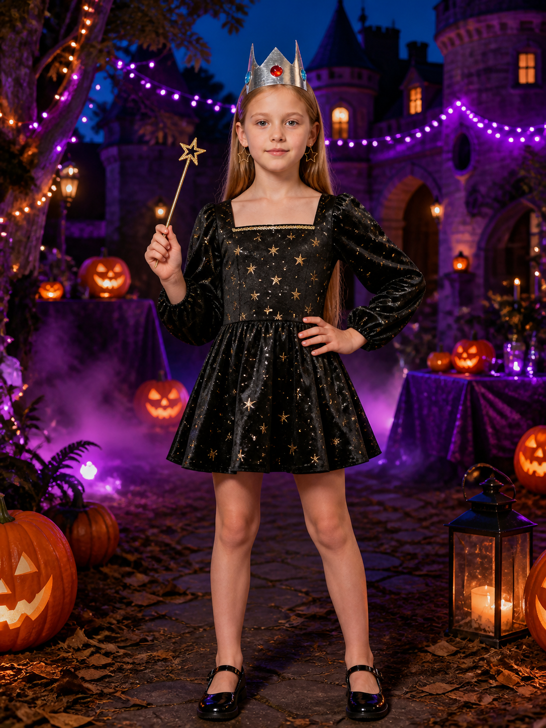 Rosalina Princess Accessory Set with Crown, Star Earrings and Magic Wand on-model Halloween scene view