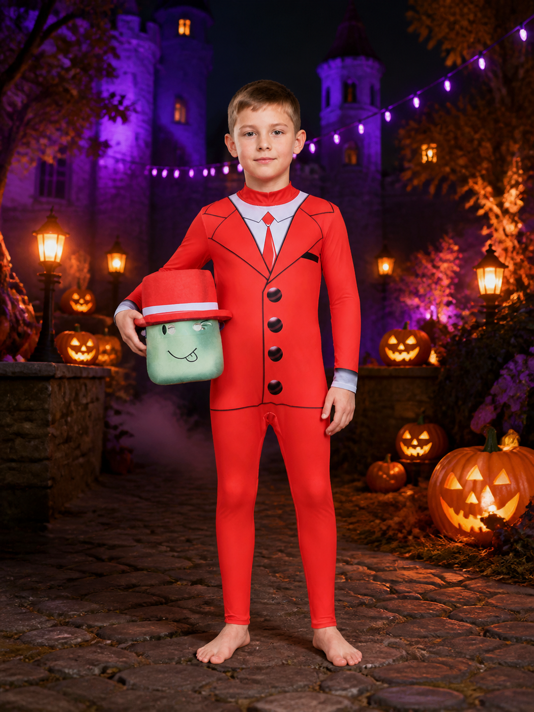 Roblox Red Suit Bodysuit Costume with Blocky Headpiece, Kids Cosplay Outfit for Costume Headwear detail 2