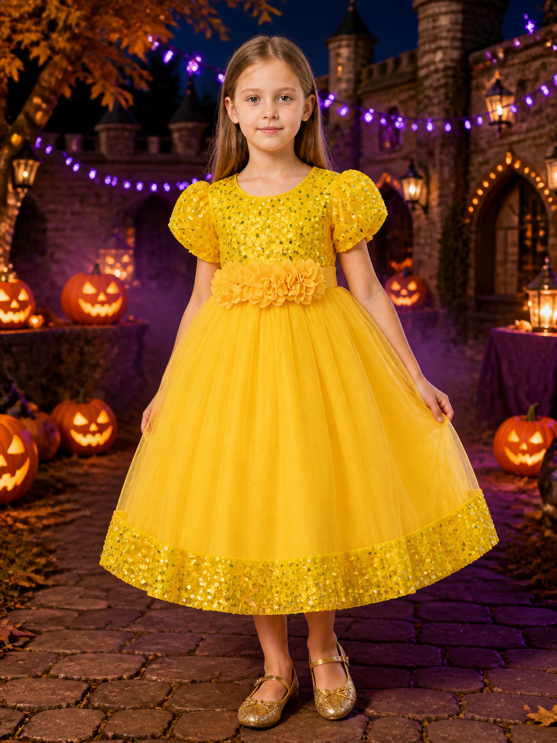 Baby Girls Princess Dress, Sequined Bodice, 3D Flower Waist, Layered Tulle Skirt