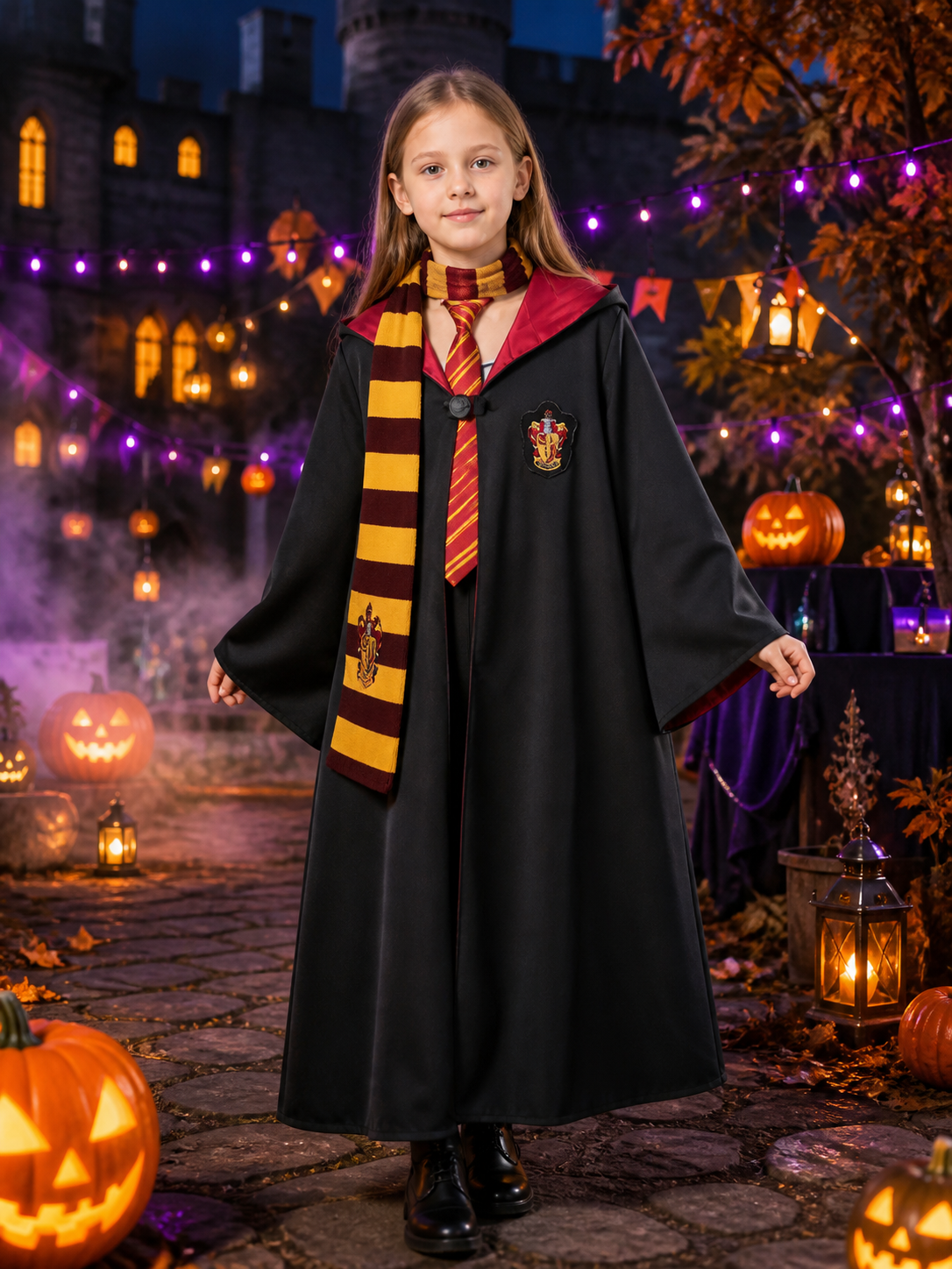 Black Wizard School Robe Costume Set, Long Hooded Cape with Burgundy and Gold Costume Capes detail 2