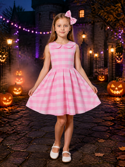 Kids' Pink and White Plaid Princess Dress Costume Set with Bow Headband Costume Dresses detail 2