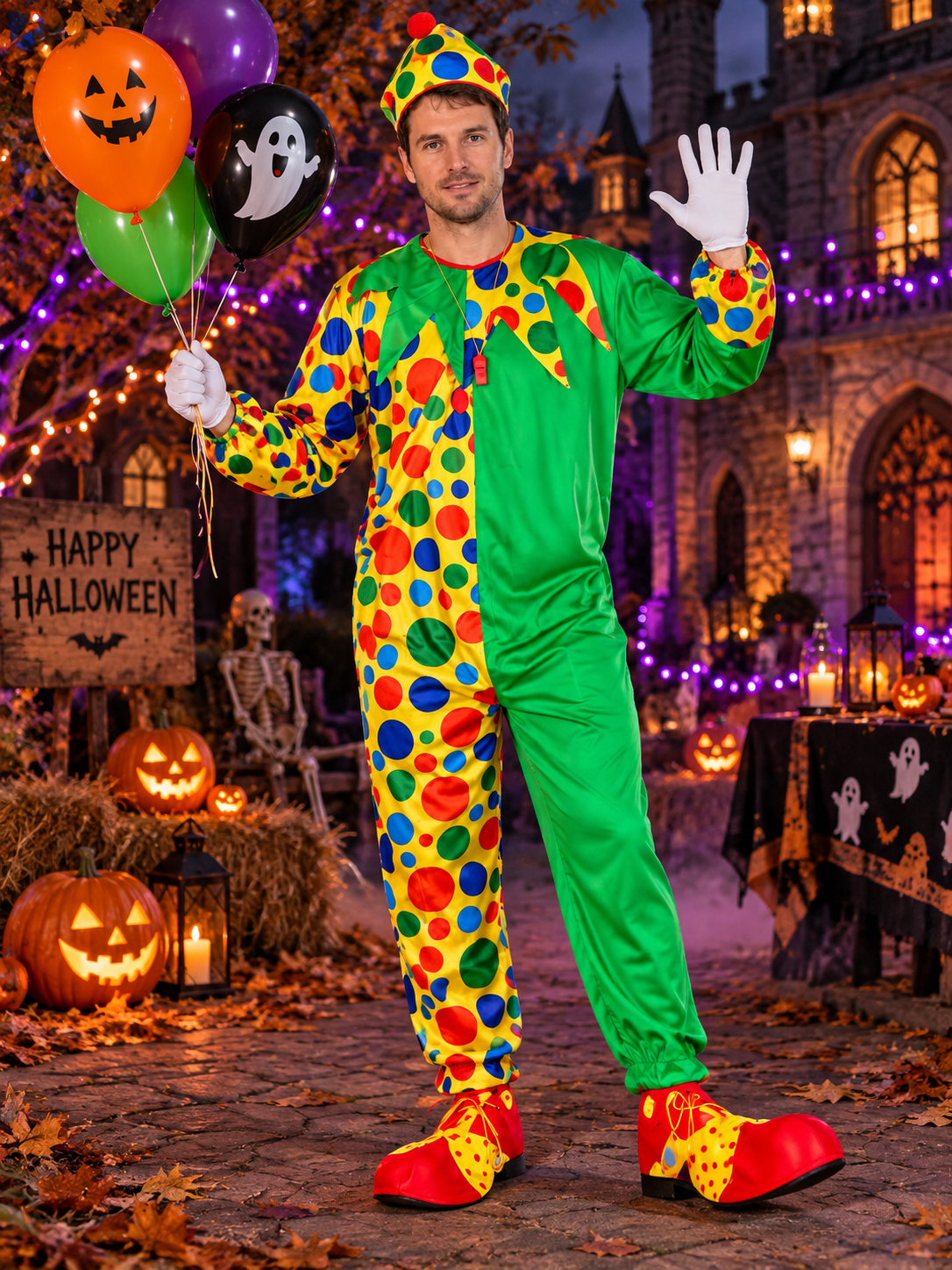 Green Polka Dot Clown Costume with Hat and 9 Accessories
