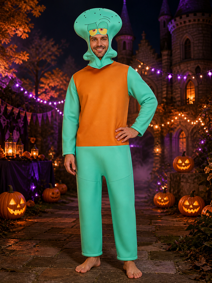 Unisex Squidward Costume Jumpsuit with Headpiece, Halloween Cosplay Outfit on-model Halloween scene view
