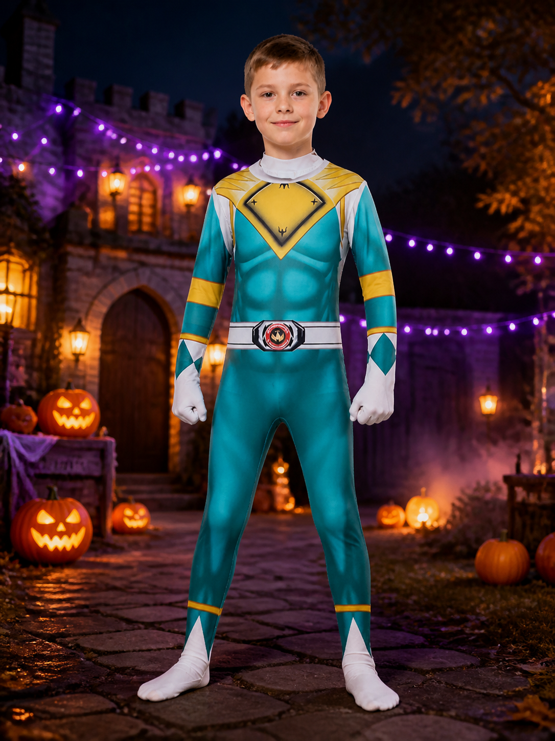 Dinosaur Ranger Teal Geometric Print Jumpsuit Cosplay Halloween Costume on-model Halloween scene view