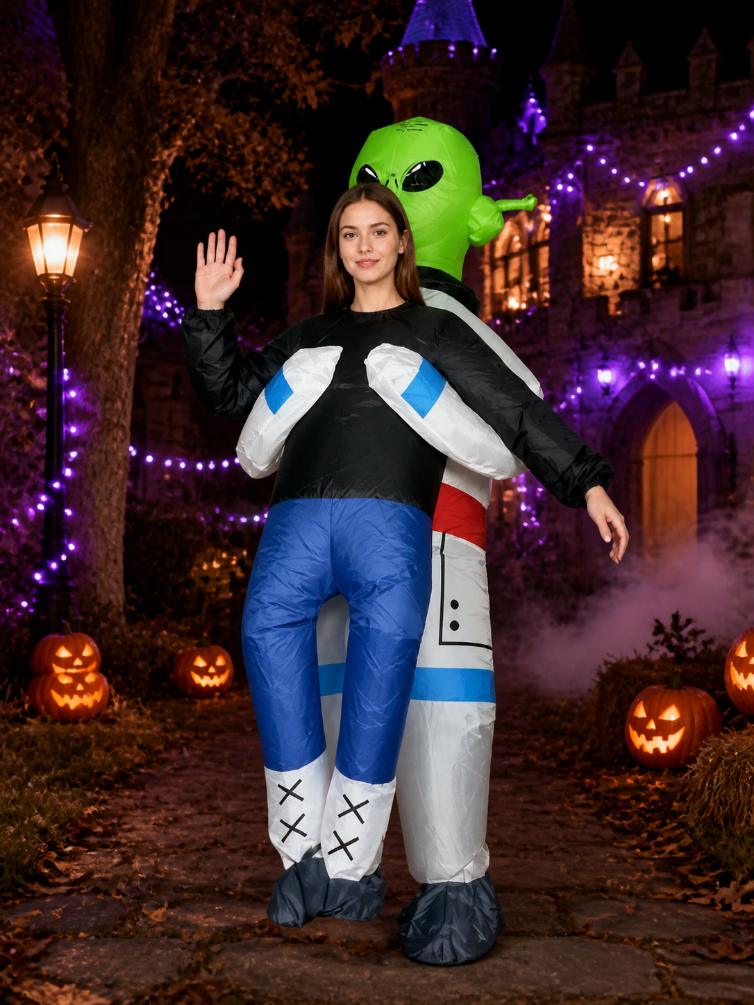 Adult Alien Bodysuit Costume, Black Blue White with Green Head and Black Eyes Costumes detail 2