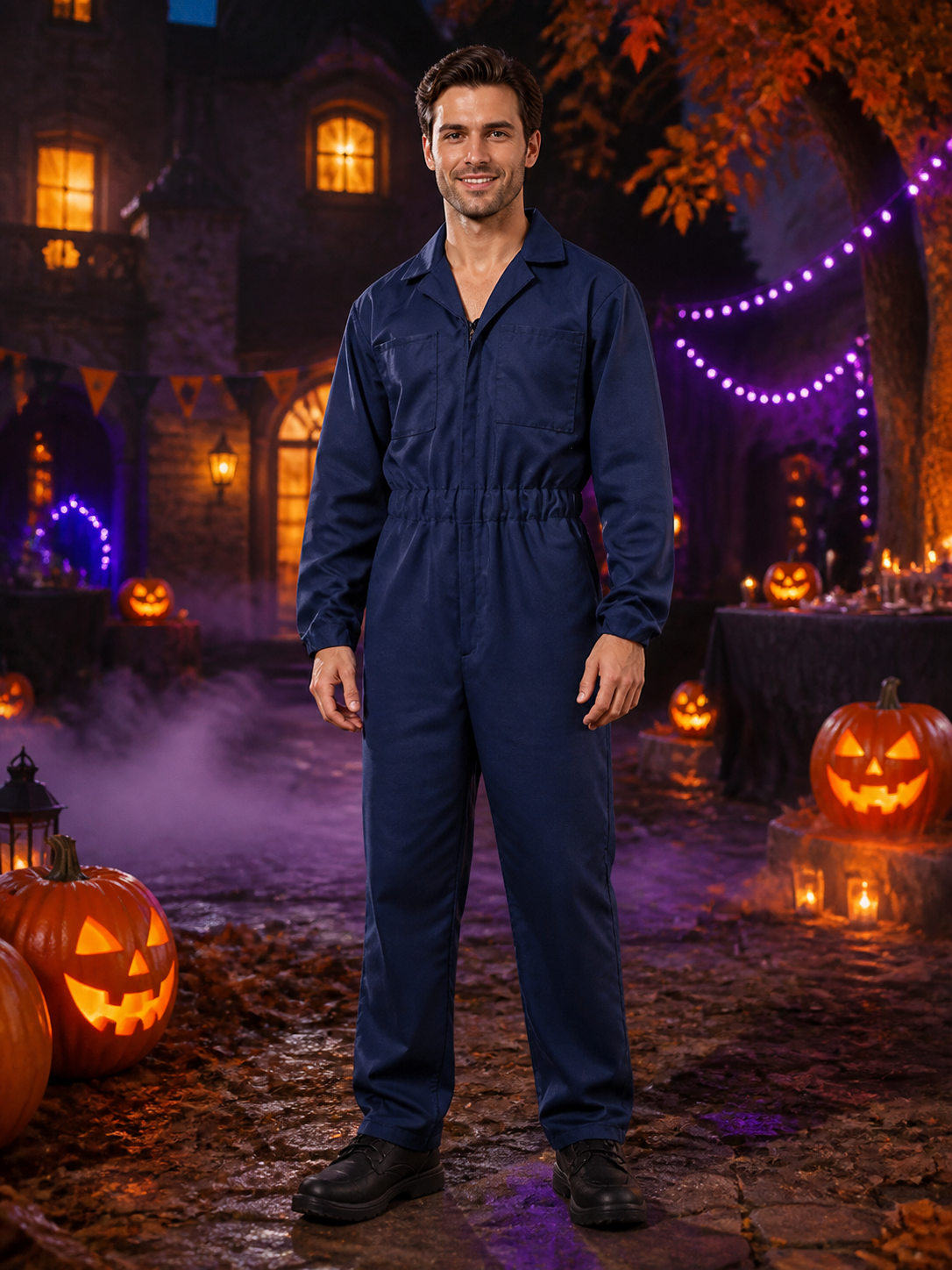 Adult Dark Blue Halloween Horror Movie Character Jumpsuit Costume with Front Zip Costumes detail 2