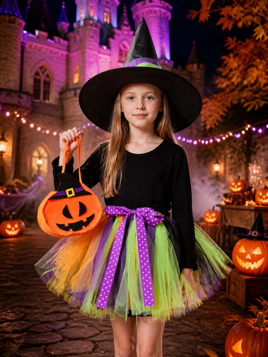Kids' Halloween Witch Costume Set, Long Sleeve Top, Layered Skirt, Hat and Costume Headwear detail 2