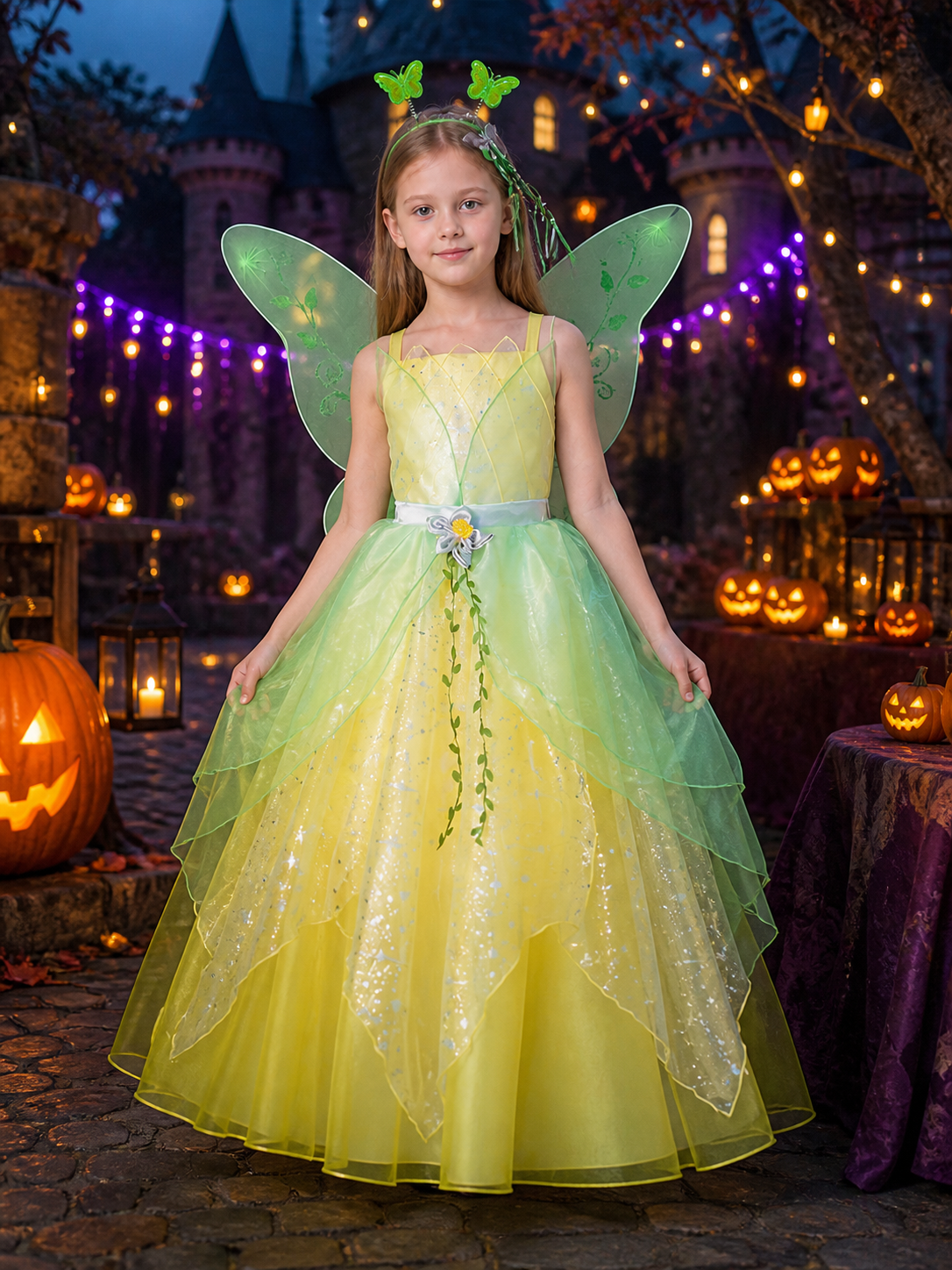 Girls' Fairy Princess Dress, Leaf Print Glitter Tulle Costume, Long Flowing Costume Dresses detail 2