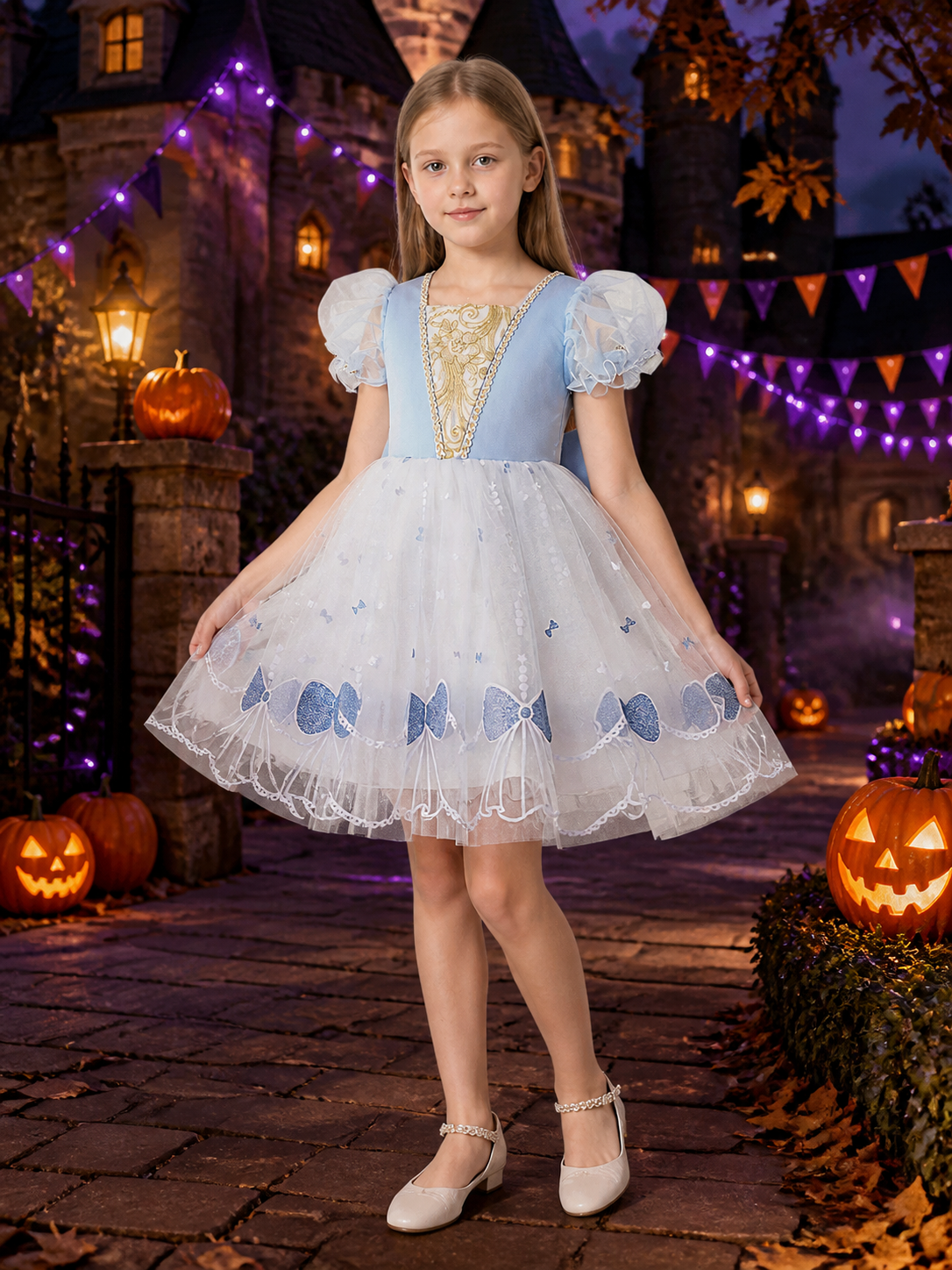 Girls' Sky Blue Princess Dress With Gold Pattern, Puff Sleeves, Layered Organza Costume Dresses detail 2