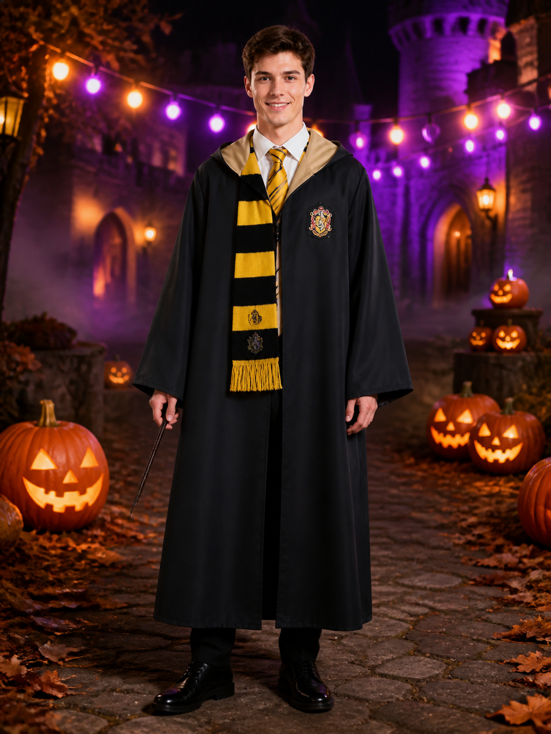 Hooded Wizard Robe Costume Set with Black and Gold Design, Includes Tie and Costumes detail 2