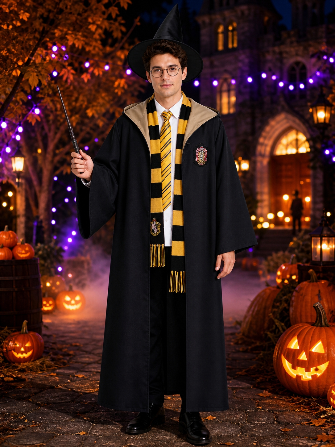 Wizard Halloween Costume Set - Black Hooded Robe with Striped Tie, Scarf Costumes detail 2