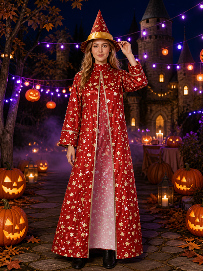 Red Star-Printed Witch Costume Set, Long Robe And Pointed Hat Halloween Outfit