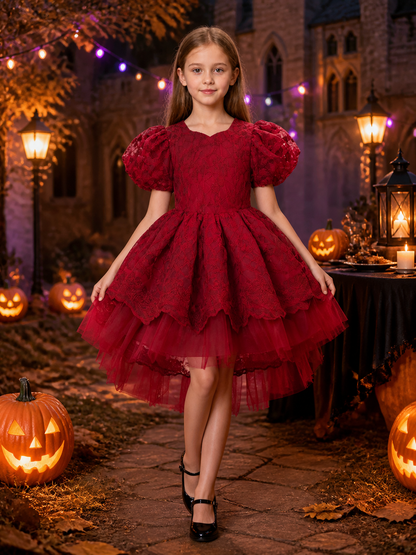 Toddler Girls' Burgundy Princess Dress With Puff Sleeves And Layered Tulle Skirt Costume Dresses detail 2