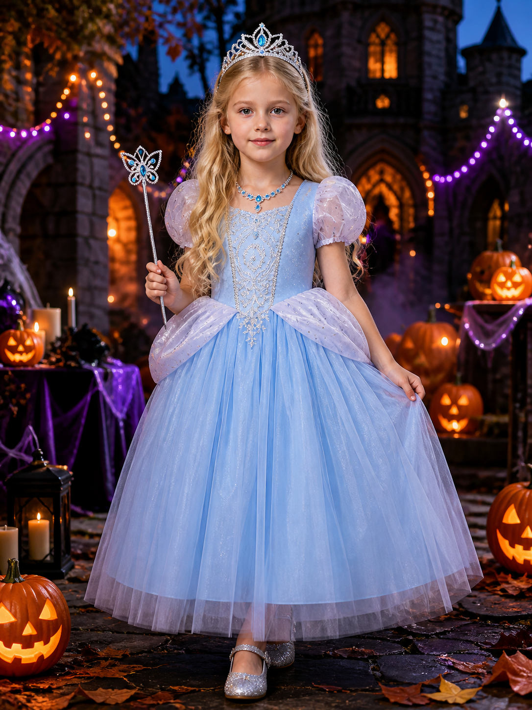 Girls Cinderella Princess Dress Costume Set, Light Blue Ball Gown with Tiara Costume Dresses detail 2