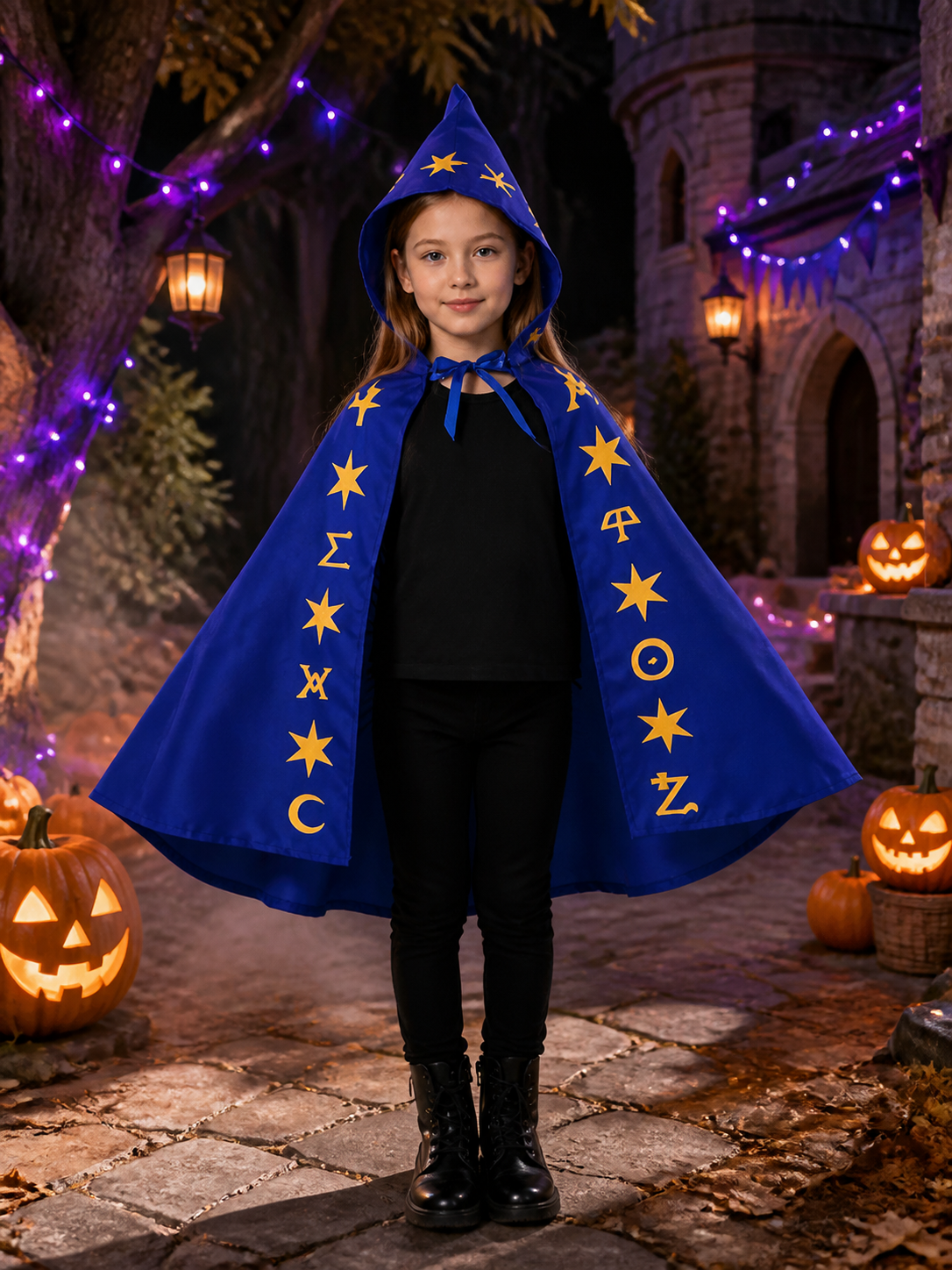 Kids Wizard Cape and Pointed Hat Costume Set, Blue with Gold Star Patterns Costume Capes detail 2