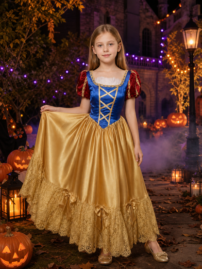 Girls Snow White Costume Dress, Blue Bodice with Gold Lacing, Red Puff Sleeves Costume Dresses detail 2