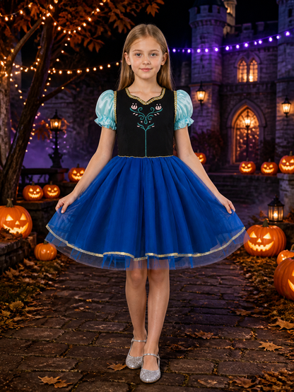 Girls' Blue Princess Cosplay Dress With Floral Embroidery And Layered Tulle Costume Dresses detail 2