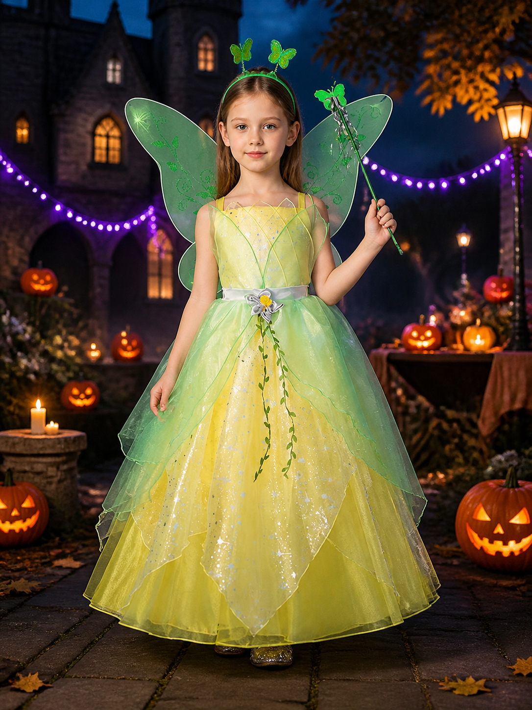 Girls Fairy Princess Dress Costume with Translucent Wings, Green Yellow Ombre Costume Dresses detail 2