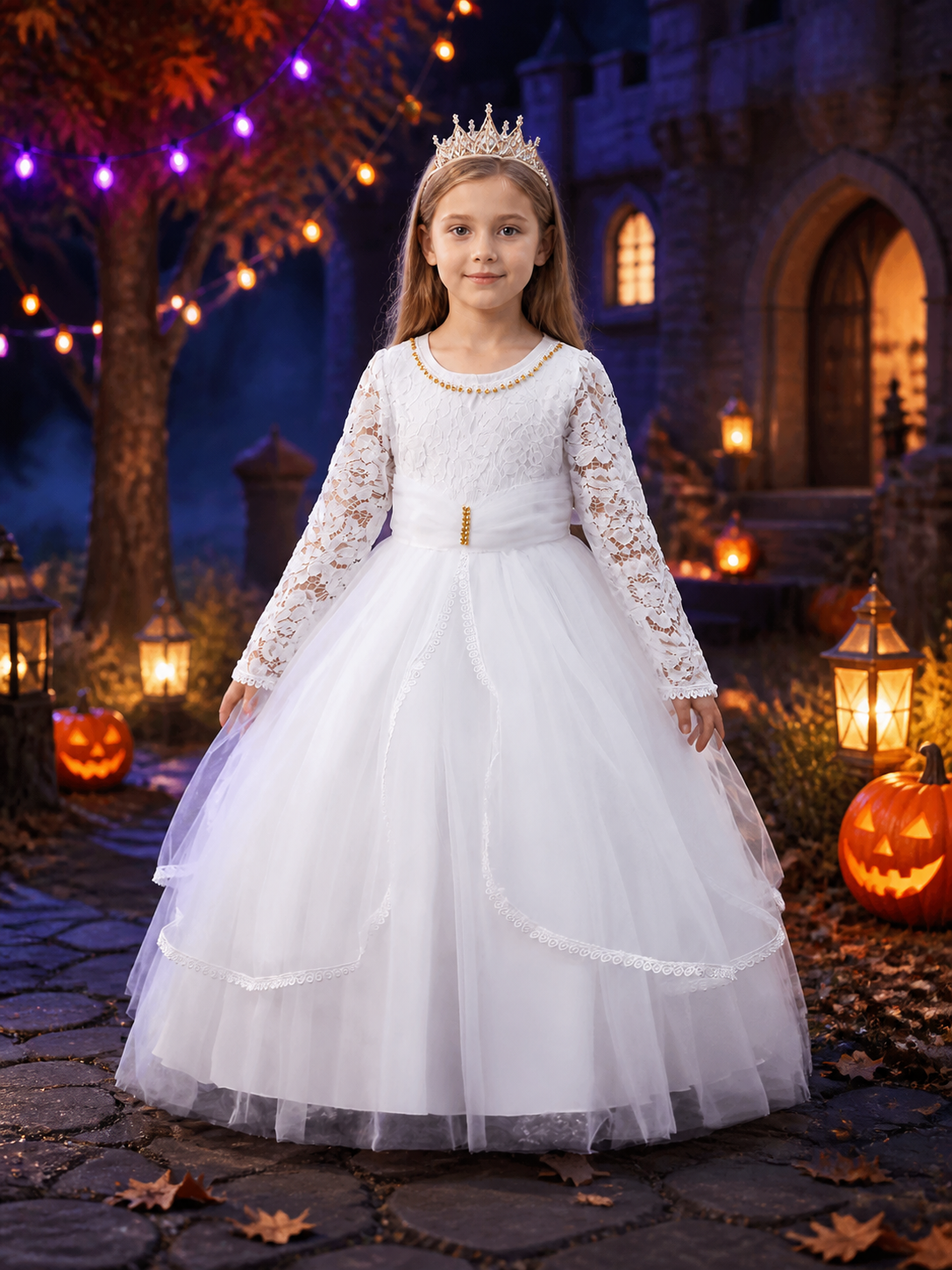 Girls' White Lace Long-Sleeve Princess Dress with Layered Tulle Skirt Costume Dresses detail 2
