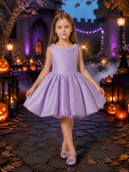 Girls' Light Purple Flower Girl Princess Dress, Sleeveless Pearl-Beaded A-Line Costume Dresses detail 2