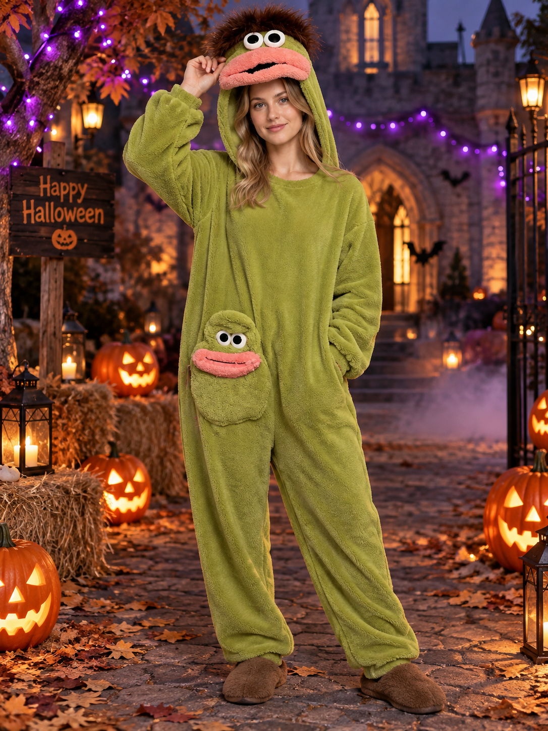 Olive green coral fleece pajama jumpsuit
