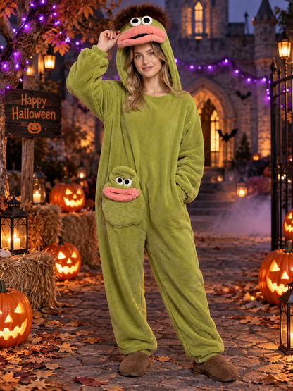 Olive green coral fleece pajama jumpsuit